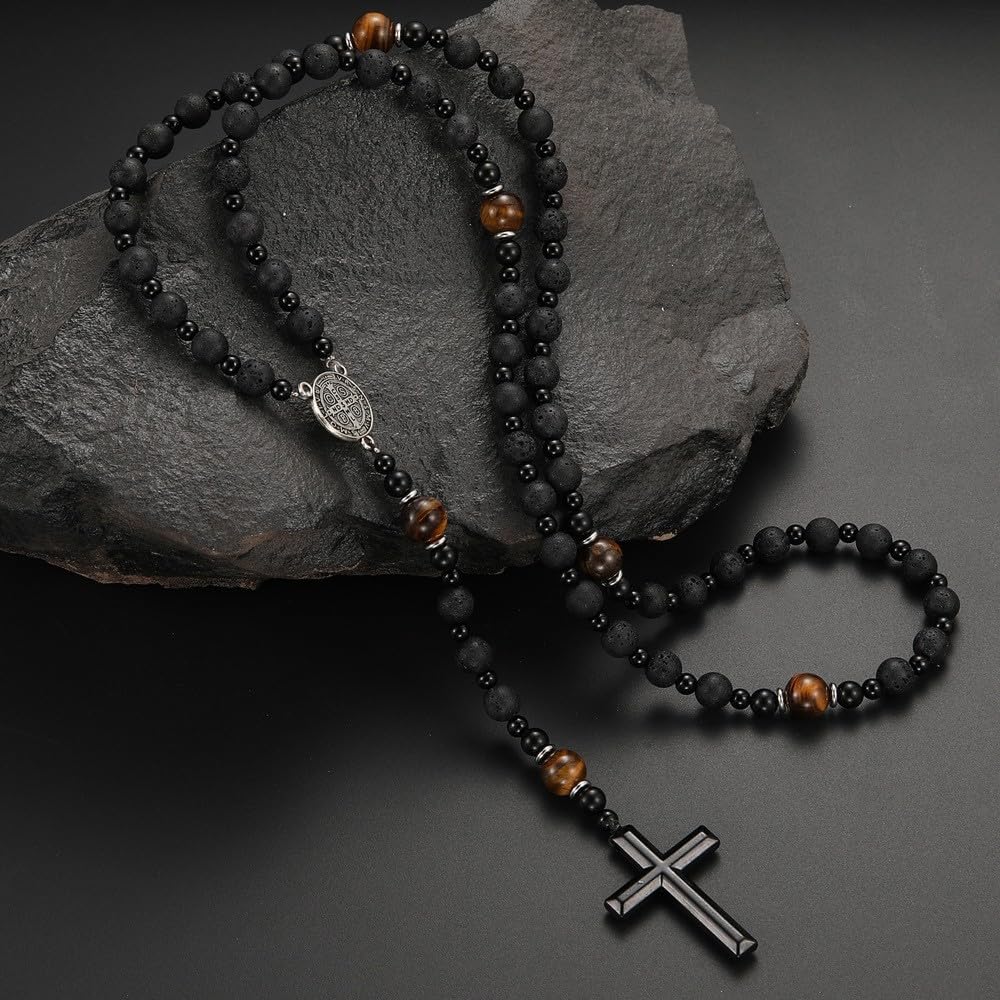 Rosary Necklace for Men, Black Catholic Rosary, Lava Rock Tiger Eye Beads Cross Necklace, Rosarios Catolicos Para Hombre (B)