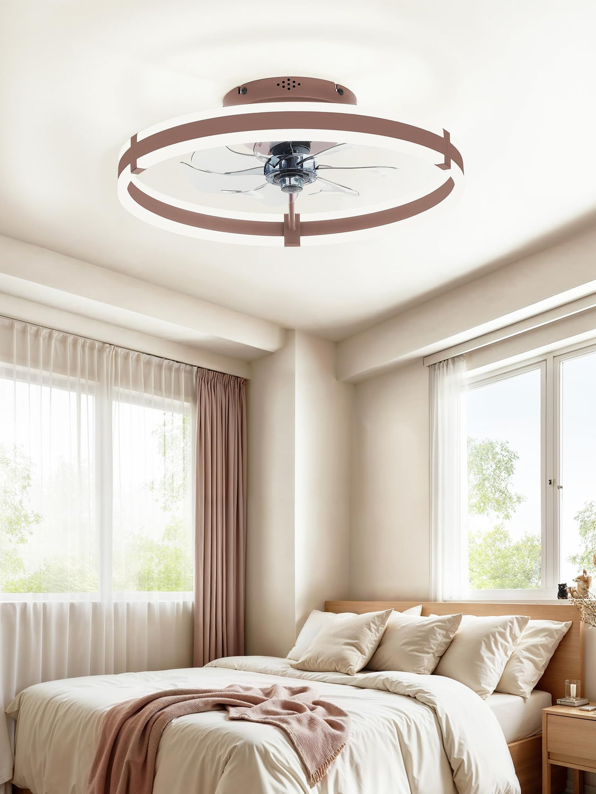 ZMISHIBO Ceiling Fans with Lights and Remote, 19.7'' Low Profile Ceiling Fan, 3000-6000K Dimmable Modern Flush Mount LED Fan Light, 6 Wind Speeds, Brown Fandelier Ceiling Fans for Bedroom