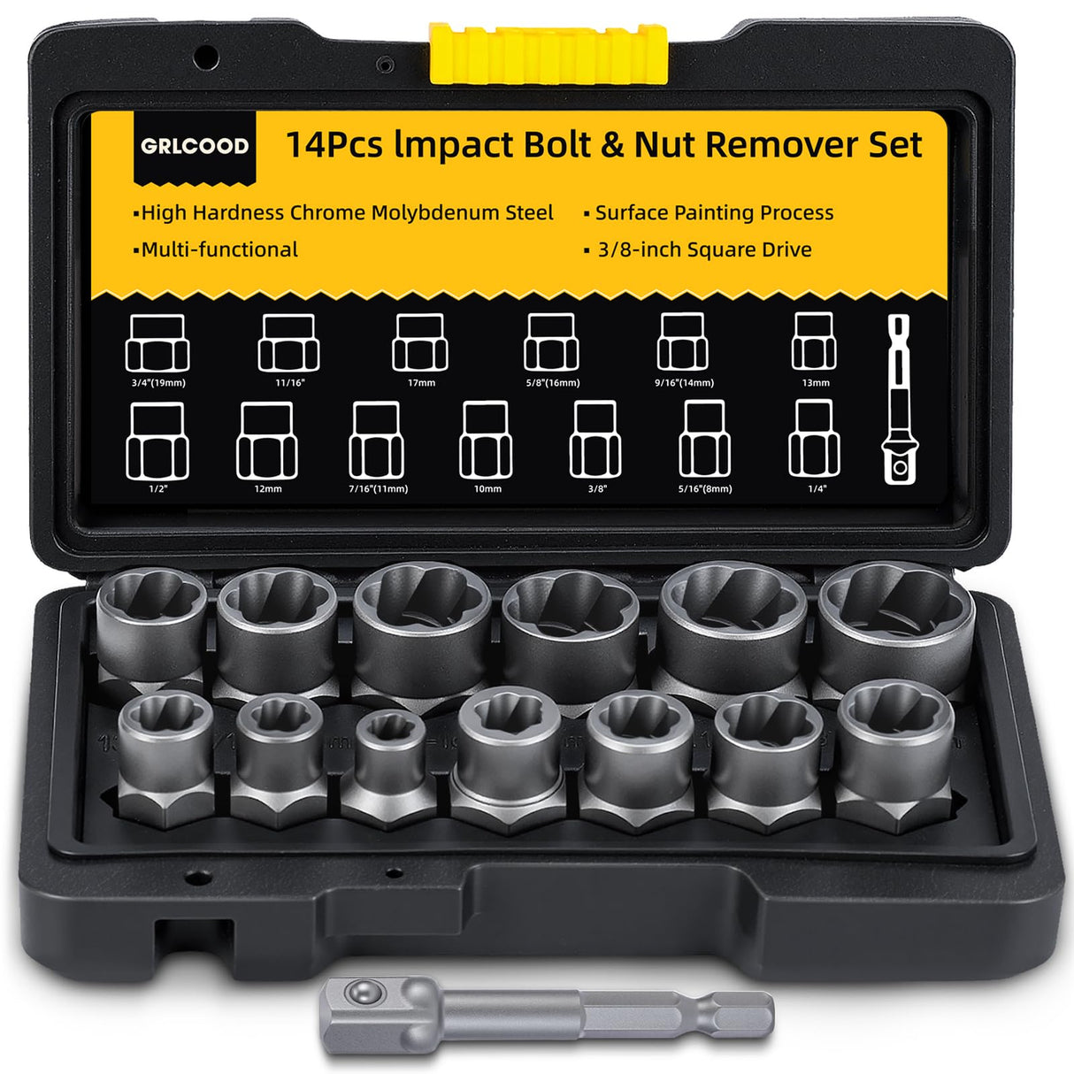Bolt Extractor Kit, 14 PCS Impact Bolt & Nut Remover Set with 3/8 Inch Adapter, Upgrade Stripped Bolt Extractor Socket Set with Portable Tool Box, Easy Out for Rusted, Damaged, Round Bolt Nuts Screws