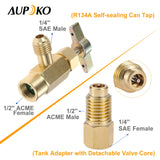 Aupoko R134A Self-Sealing Can Tap with R134A Tank Adapter and Valve Core Remover, 1/4’’ SAE Valve Refrigerant Dispenser with 1/4’’ Female and 1/2’’ Male Adapter, for Air Conditioner Manifold