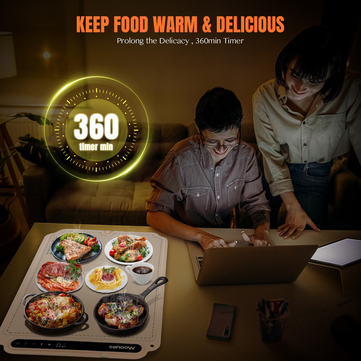 Warming mat for Food, Food Warmer Mat, Portable Silicone Food Warming Mat, Versatile Full Surface Heating Food Warmer with 7 Level Temperature and 6 Hours Timer for Home Dinner (Cream Color)
