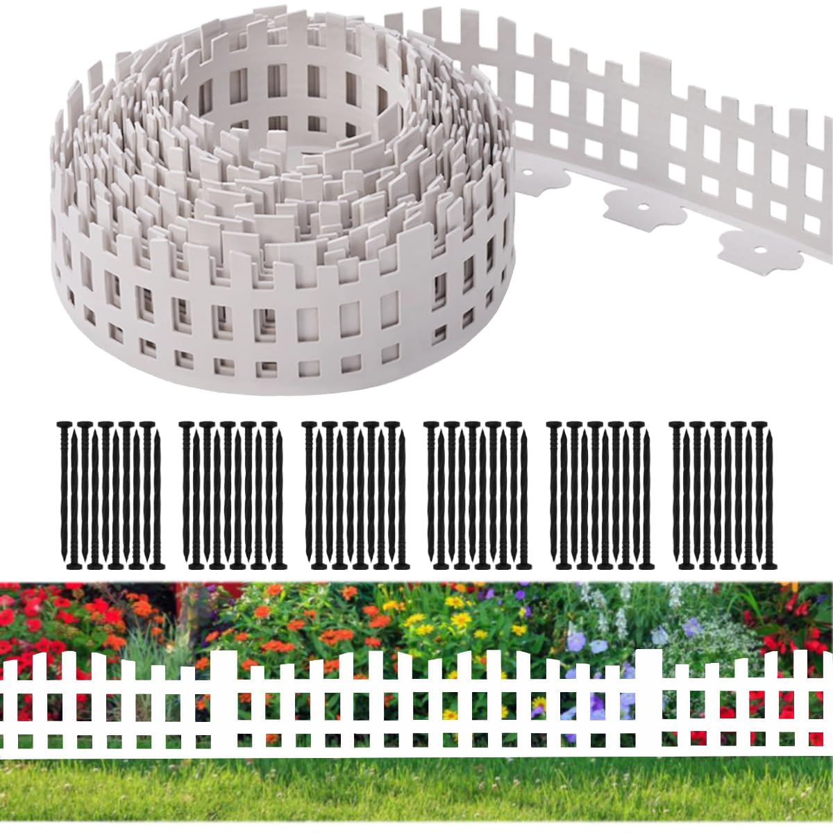 Garden Edging 33FT x 4.1~4.9IN Tall, Landscape Edging Borders with 60pcs Plastic Stakes,Arched Design White Flexible Lawn Edging Border, No Digging Edge Fence DIY for Tree Flowerbeds Grass Yard