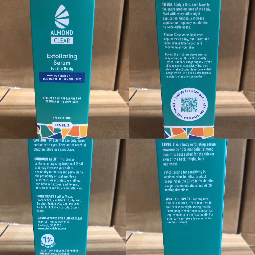 Almond Clear Level 2 Serum | Mandelic Acid Body Serum for Acne, Folliculitis, Aging Skin, Ingrown Hairs, Dark Spots on Face, Chest, Butt, Back, Thighs, Arms | 4 oz