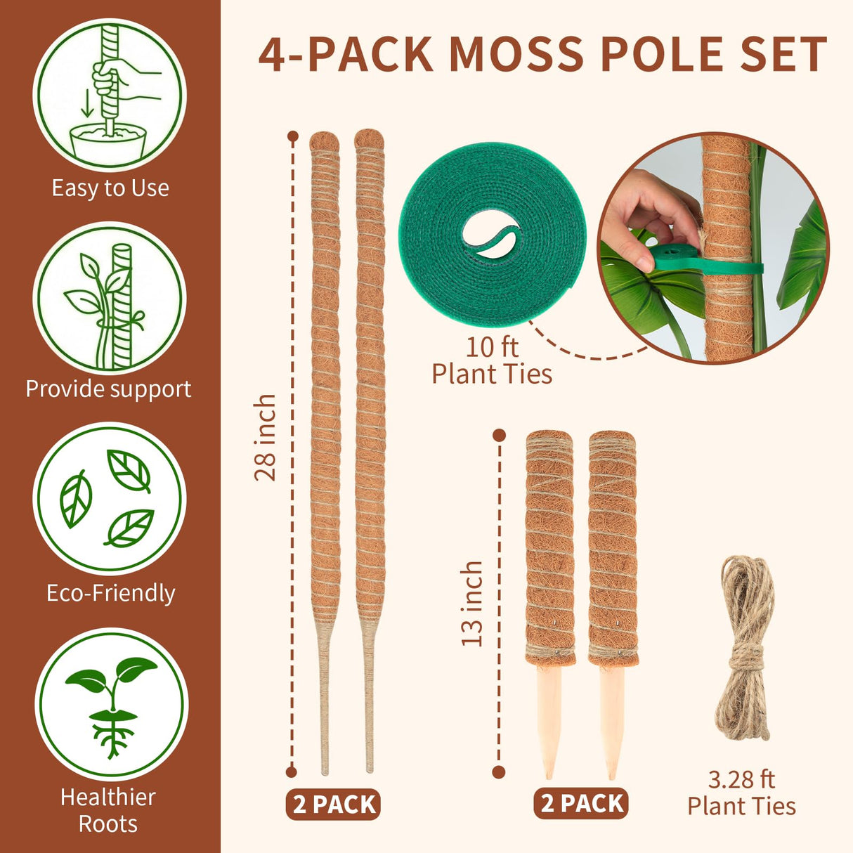 28'' Bendable Moss Poles & 12'' Stackable Coir Plant Sticks for Monstera