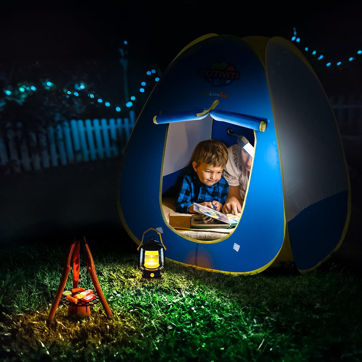 FUN LITTLE TOYS Kids Play Tent with Camping Toys, Toddler Tent with Battery Lantern, Kids Pop Up Tent Indoor Outdoor Toys Christmas Birthday Gifts for Boys