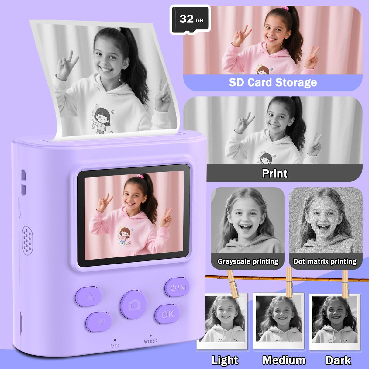 Upgrade Kids Camera Instant Print for Ages 3-12, Portable Instant Print Camera with HD Digital Video, Perfect Christmas Birthday Gift for Boys & Girls, Includes 32GB SD Card - Purple