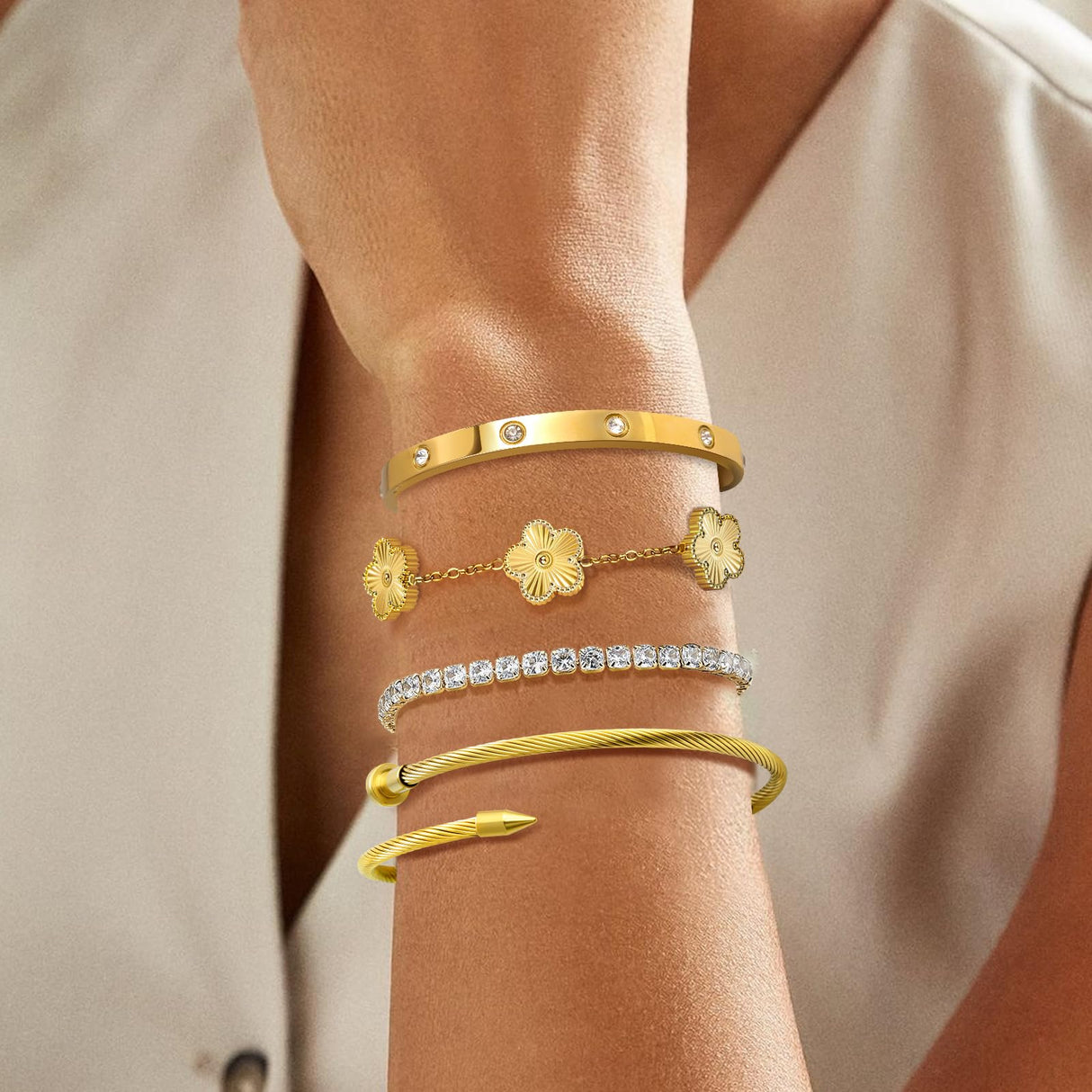 MOINSPIRE 18K Gold Plated Bracelets for Women, Stainless Steel Four Leaf Clover Tennis Nail Love Bangle Bracelets Set, Trendy Stackable Twist Cuff Bracelet Non Tarnish Jewelry Gifts Choice