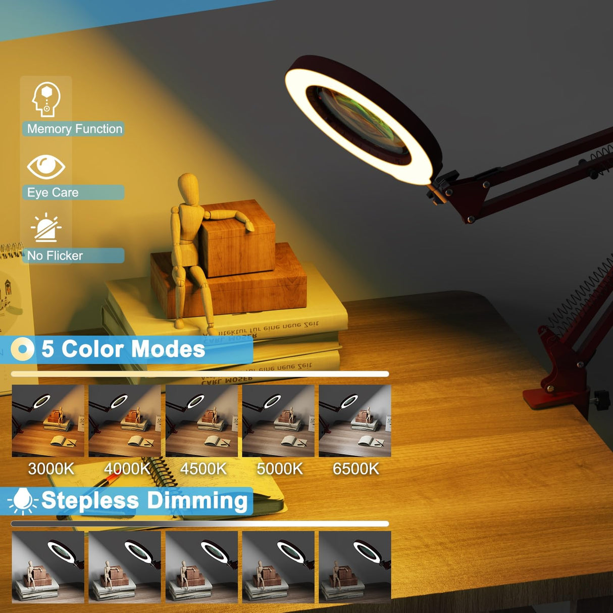 10X Magnifying Glass with Light and Clamp, Real Glass Stand Lighted Magnifier, 5 Color Modes Stepless Dimmable LED Desk Lamp Hands Free for Crafts Hobby Reading Painting Sewing Close Work - Red