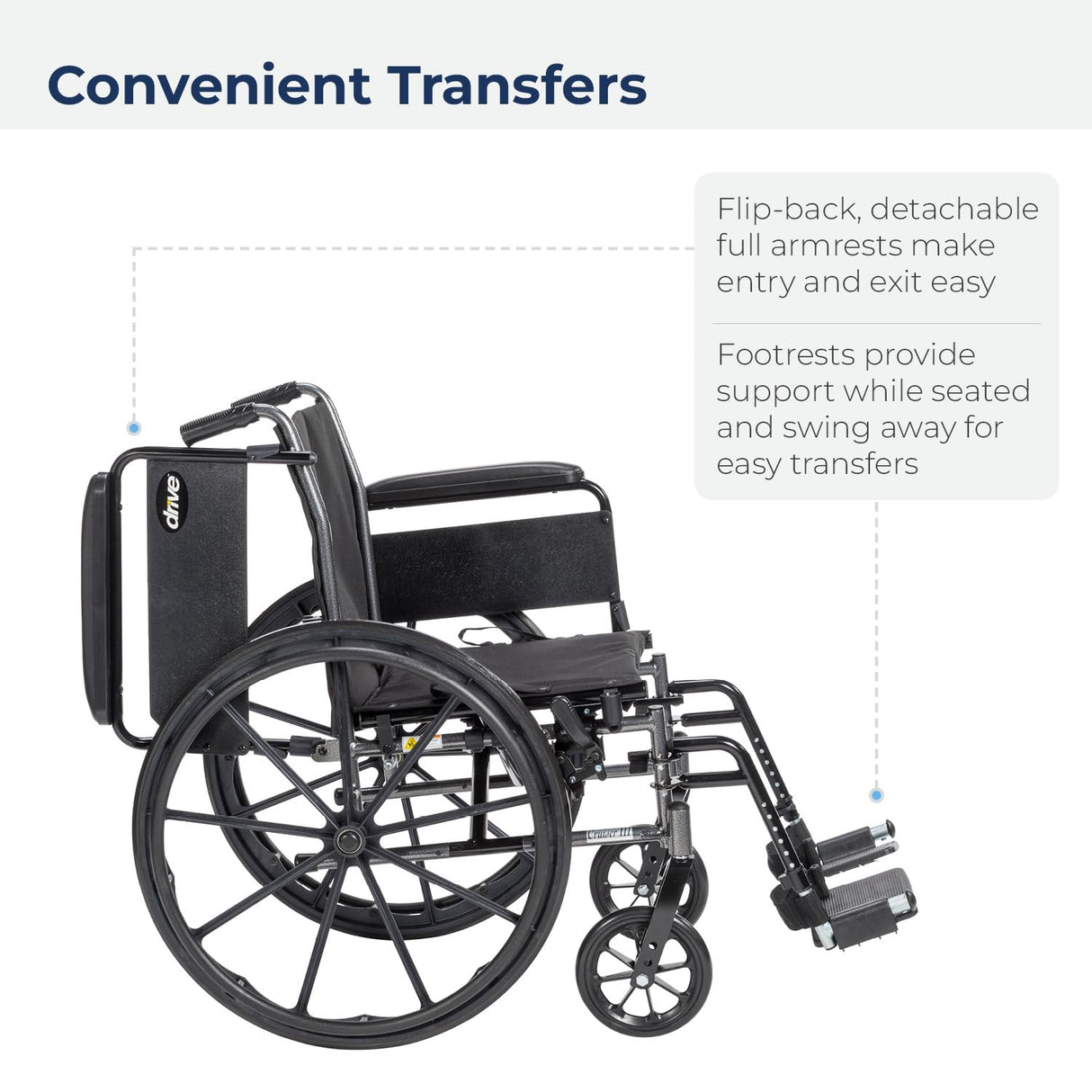 Drive Medical Cruiser III Light Weight Wheelchair with Various Flip Back Arm Styles and Front Rigging Options, Flip Back Removable Full Arms/Swing away Footrests, Black, 20 Inch