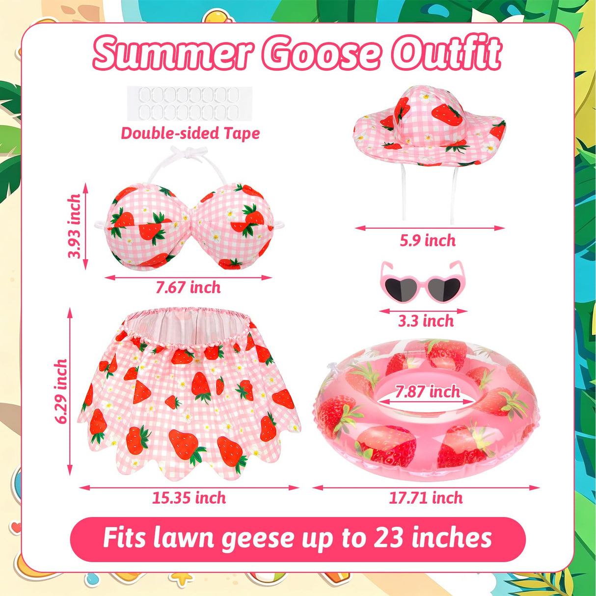 Lixintray Hawaiian Porch Goose Outfits Summer Bikini Goose Outfit with Sunglasses & Swim Ring, Strawberry Goose Costume Fits 23 Inch Cement Yard Plastic Statues, Outdoor Garden Patio Decor