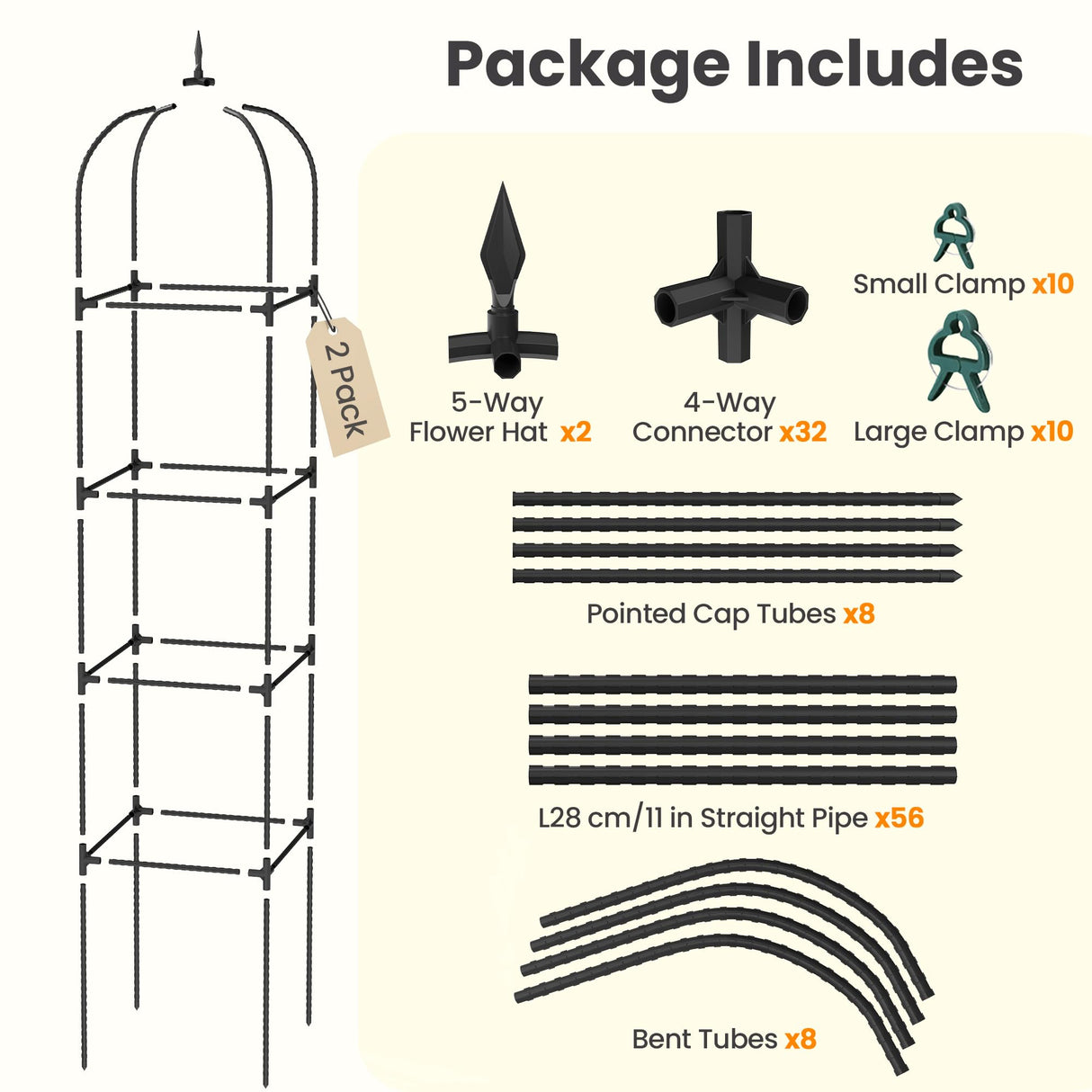 2 Pack 70.87" Garden Obelisk Trellis for Climbing Plants, Pyramid Design for Roses, Clematis, Jasmine, and Vegetable Vines, Indoor & Outdoor Use, Black