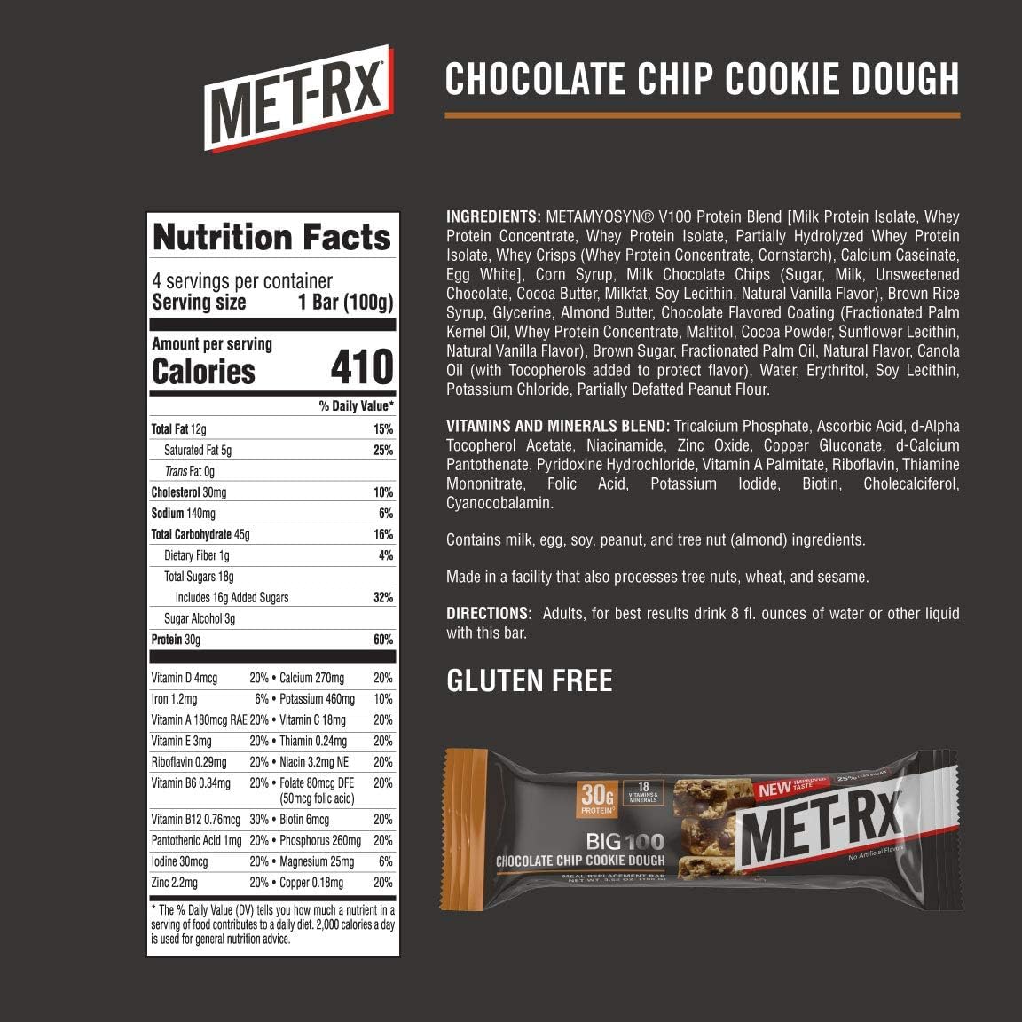Collosal Protein MET-Rx Big 100 Colossal Protein Bars, Chocolate Chip Cookie Dough Meal ...