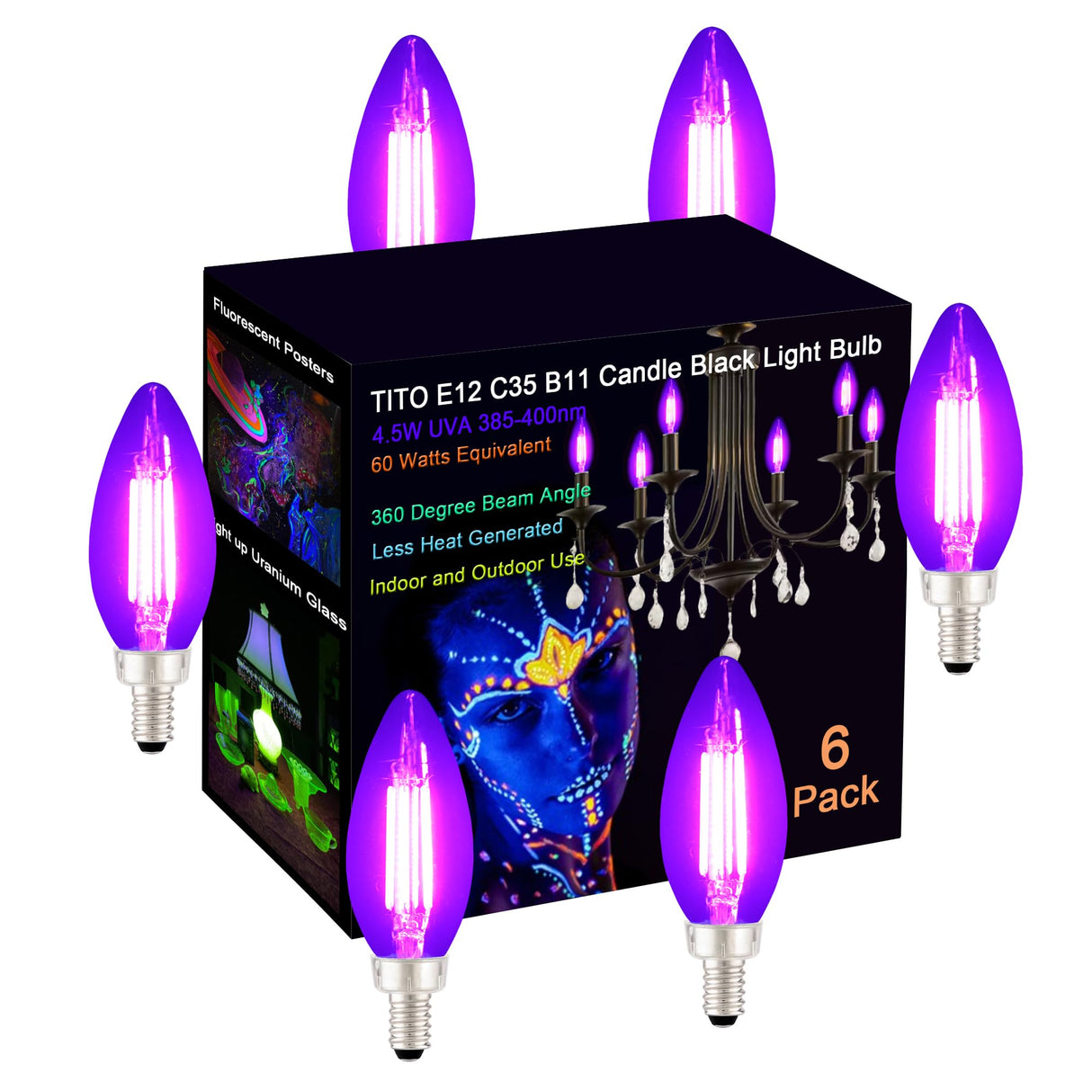 TITO 6 Pack E12 B11 Filament LED Candle Black Light Bulbs, UVA 395nm 4.5W Candelabra Black Light Bulb, 60W Blacklight Bulb Equivalent, Glow in Dark Halloween Christmas Party Fluorescent Posters Decor