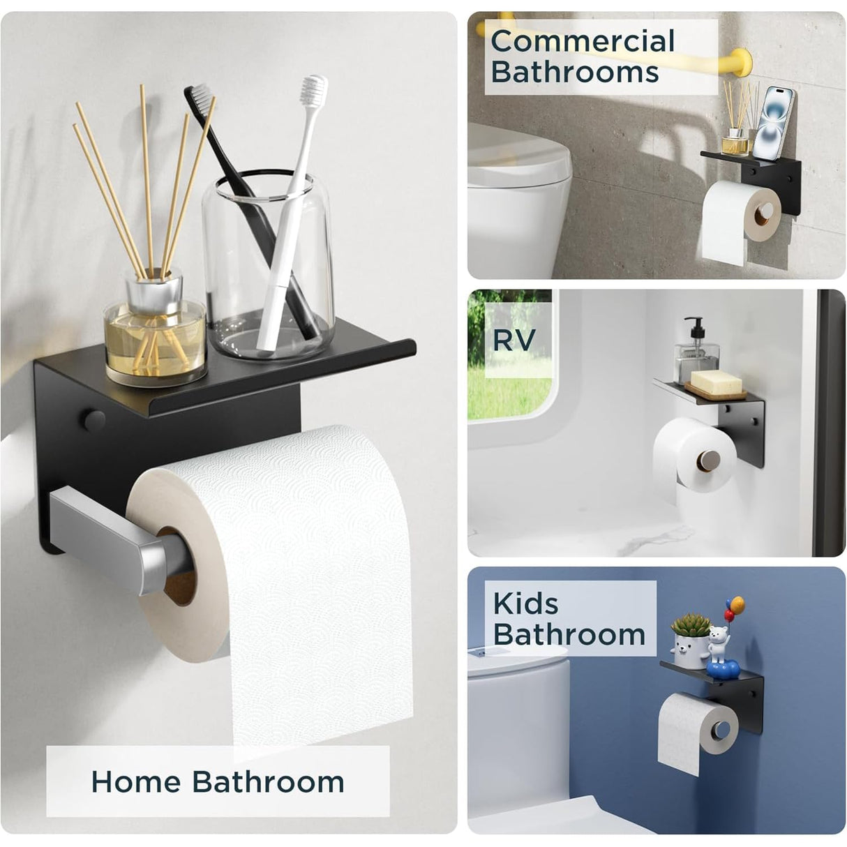 FORIOUS Toilet Paper Holder with Shelf, Adhesive or Screw Wall Mount Toilet Paper Roll Holder for Bathroom, Rustproof 304 Tissue Dispenser with Phone Shelf (1, Matte Black & Brushed Nickel)