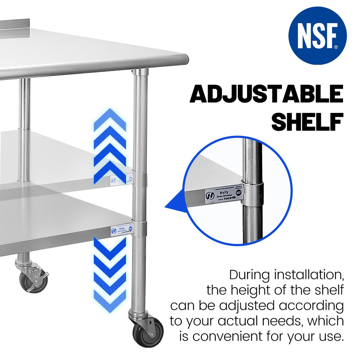 Hally Stainless Steel Table for Prep & Work 24 x 30 Inches with Caster Wheels, NSF Commercial Heavy Duty Table with Undershelf and Backsplash for Restaurant, Home and Hotel