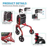 Planetwalk Premium 3 Wheel Rollator Walker for Seniors - Ultra Lightweight Foldable Walker for Elderly, Aluminum Three Wheel Mobility Aid, Brilliant Red
