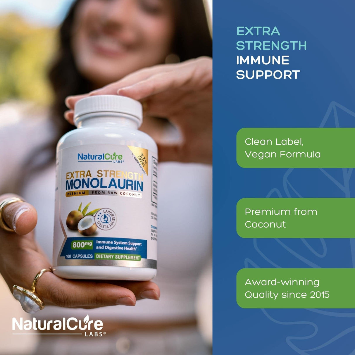 Natural Cure Labs Extra Strength Monolaurin 800mg, 100 Capsules, 33% More