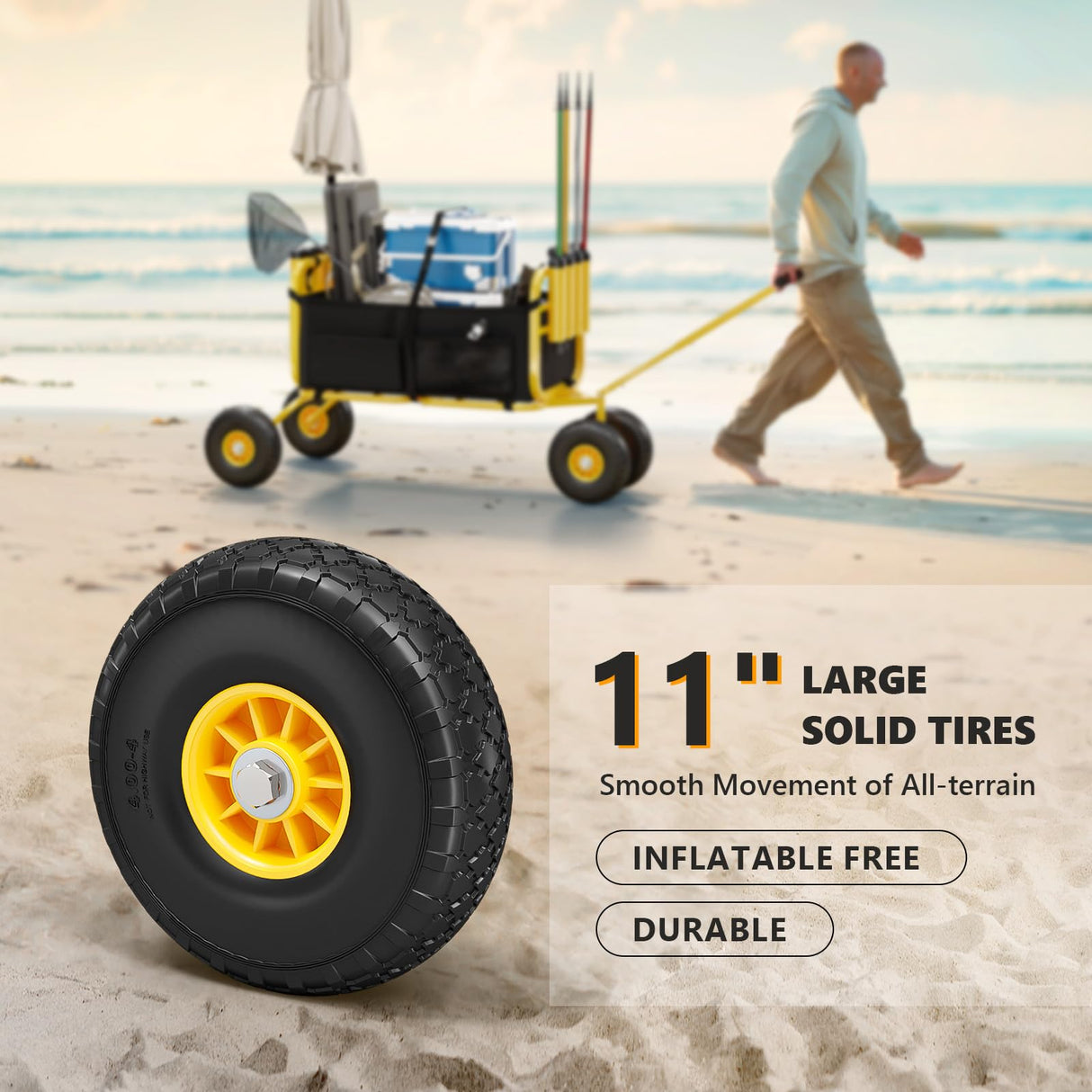 Bonnlo Beach Fishing Cart, Beach Wagon Trolley with 11" Big NO-Flat Airless Tires, Foldable Beachs Trailer with Large Cargo Basket, 550 lbs Load Capacity, 8 Fishing Rods Holder, Durable Oxford Bag