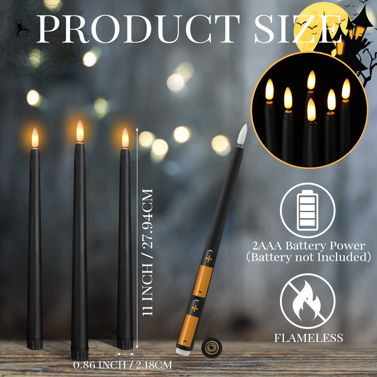 Macarrie 24 Packs Flameless Taper Candles Battery Operated Fake 11 Inch Long Candle Light LED Flameless Candlesticks Flickering Tapered for Wedding, Halloween, Christmas(Black)