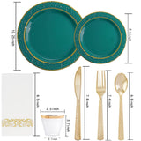 FLOWERCAT 175PCS Marrs Green Plastic Plates with Gold Rim&Christmas Plates&Green and Gold plastic Plates&Gold Plastic Silverware - Ideal for Wedding,Spring Party,St. Patrick's Day