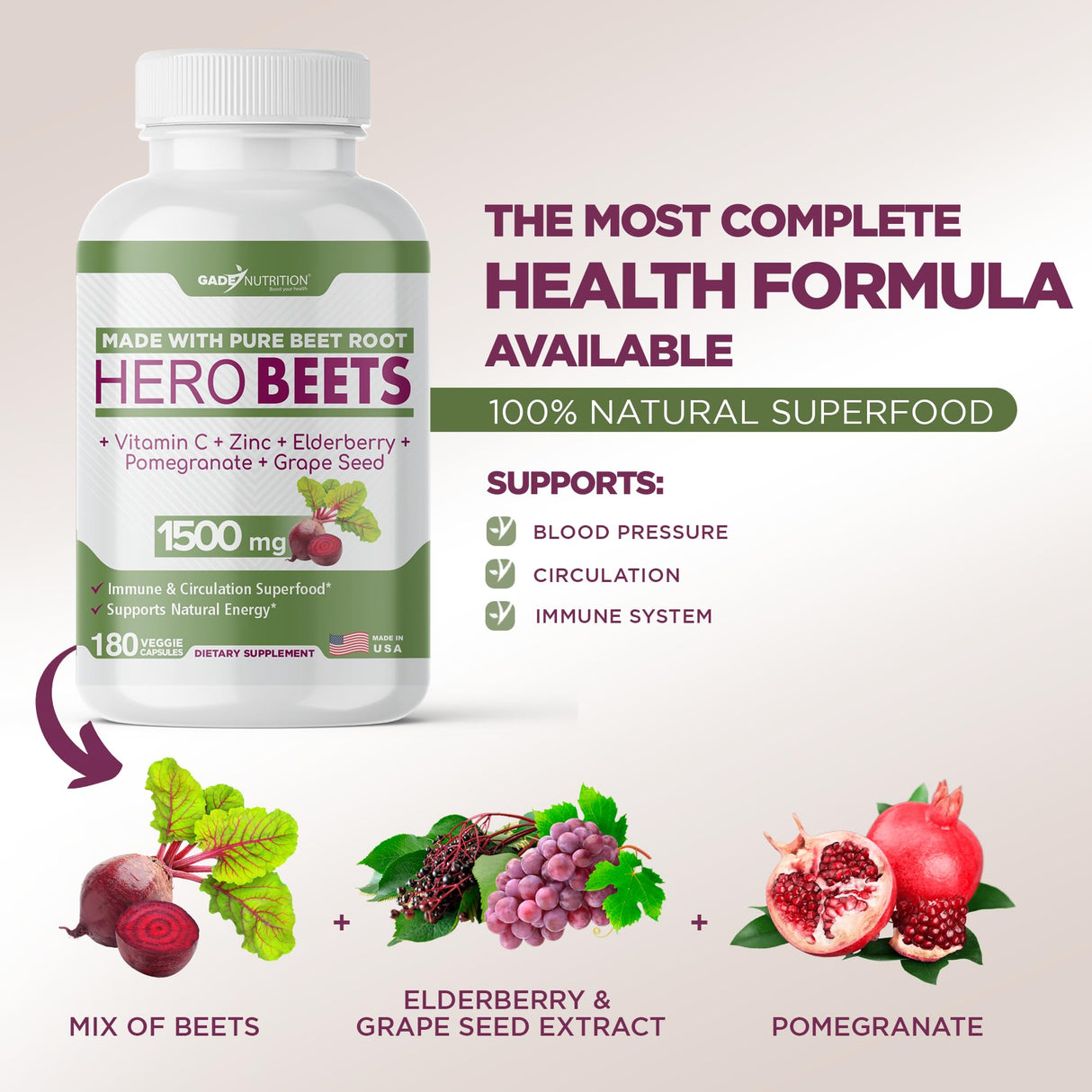Gade Nutrition Hero Beets - Beet Root Capsules 1500mg - Organic Beet Root Powder + Vitamin C Zinc, Elderberry, Pomegranate, Grape Seed Extract - 3 Months Supply