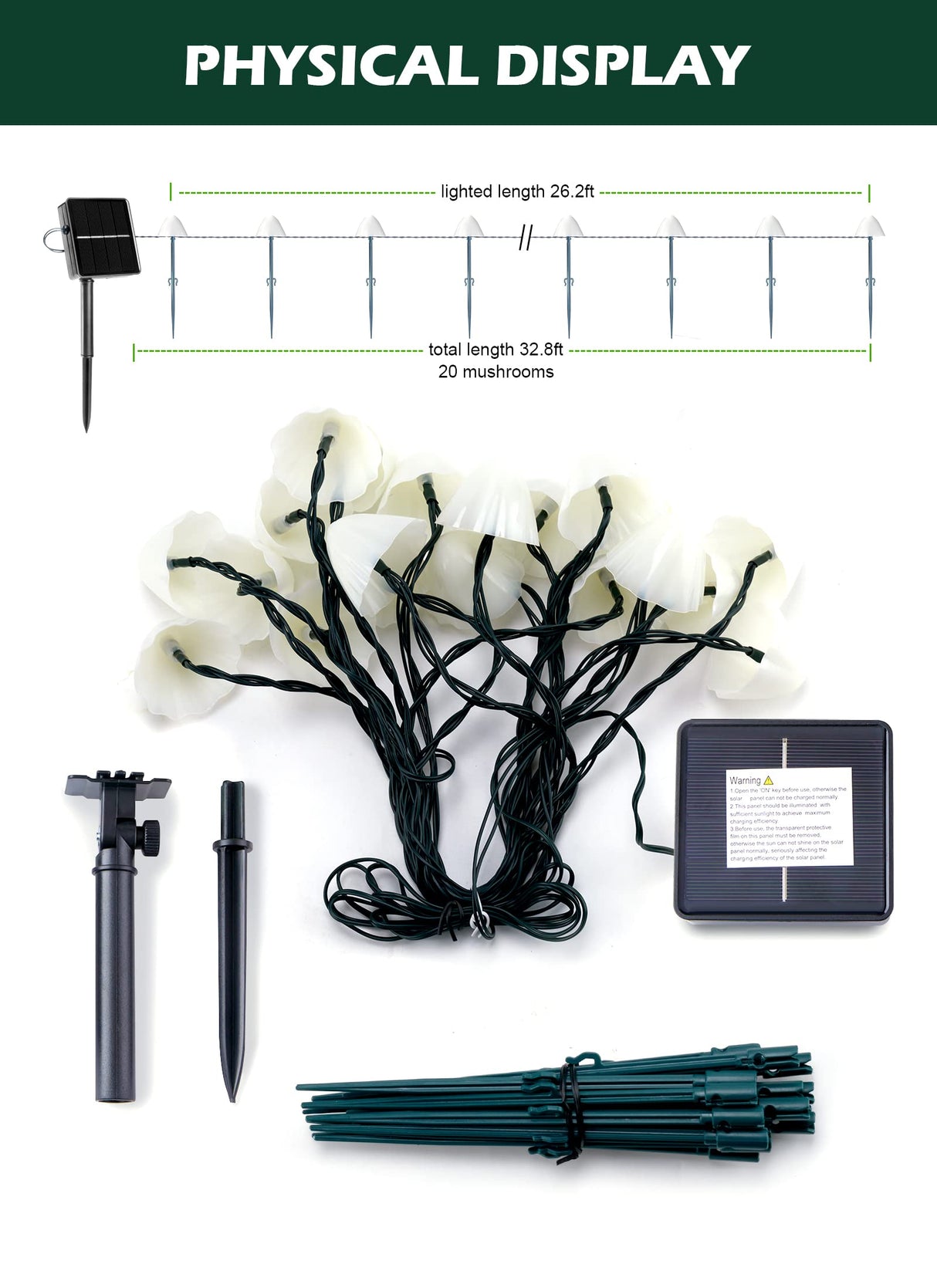 Solar Mushroom Garden Lights for Outside, 20 LED 32.8FT Solar Pathway Lights Outdoor Waterproof for Fence with 8 Lighting Modes for Patio Yard Decorative