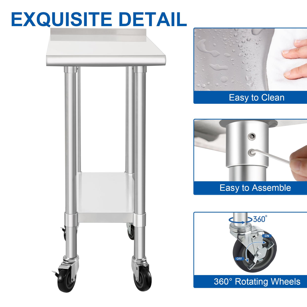 HARDURA Stainless Steel Commercial Work Table with Wheels Prep & Work Metal Table 30×12 Inches Heavy Duty NSF with Casters and 2" Backsplash