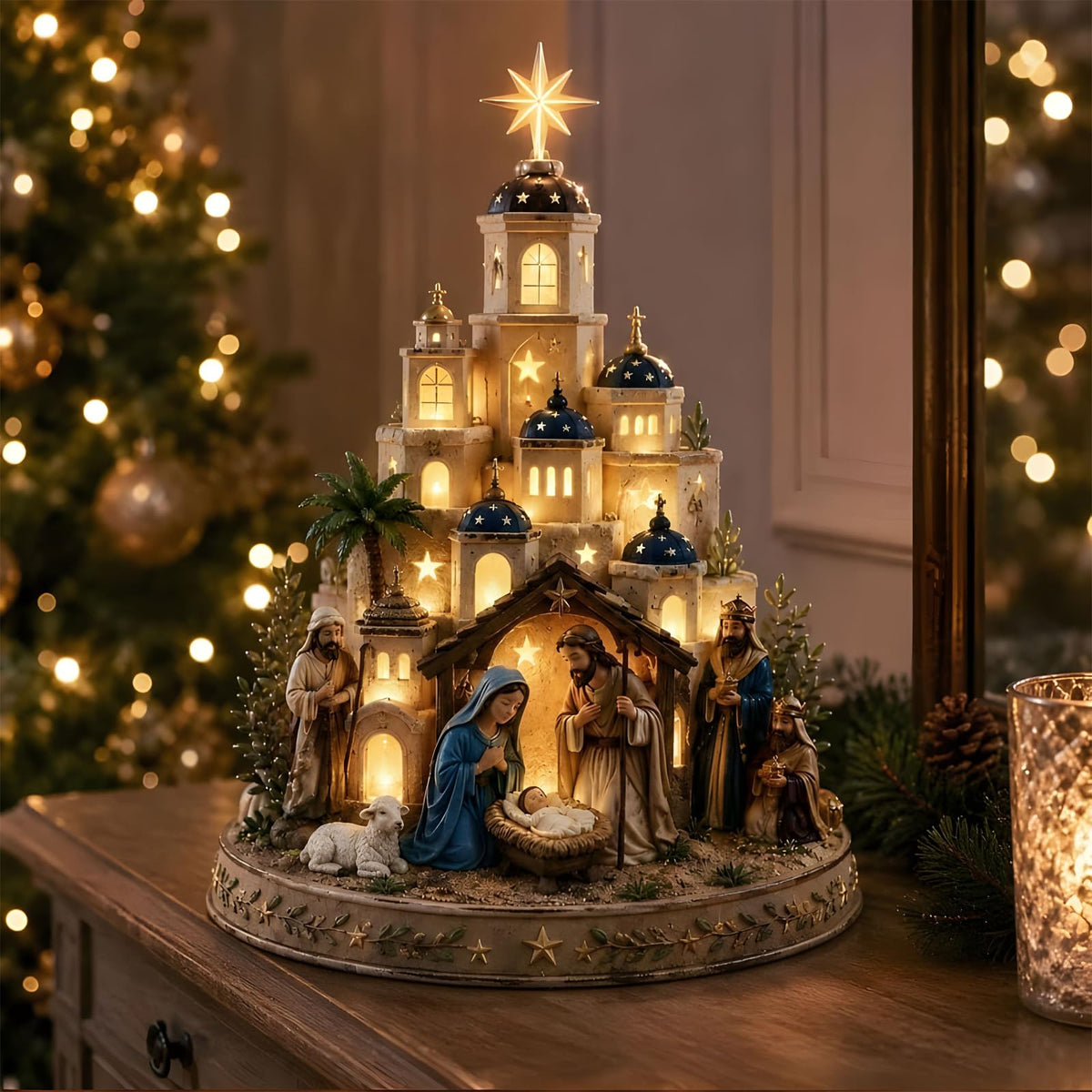 Bethlehem Nativity Church Light Tower,Lighted Nativity Scene Tabletop,1 Pcs
