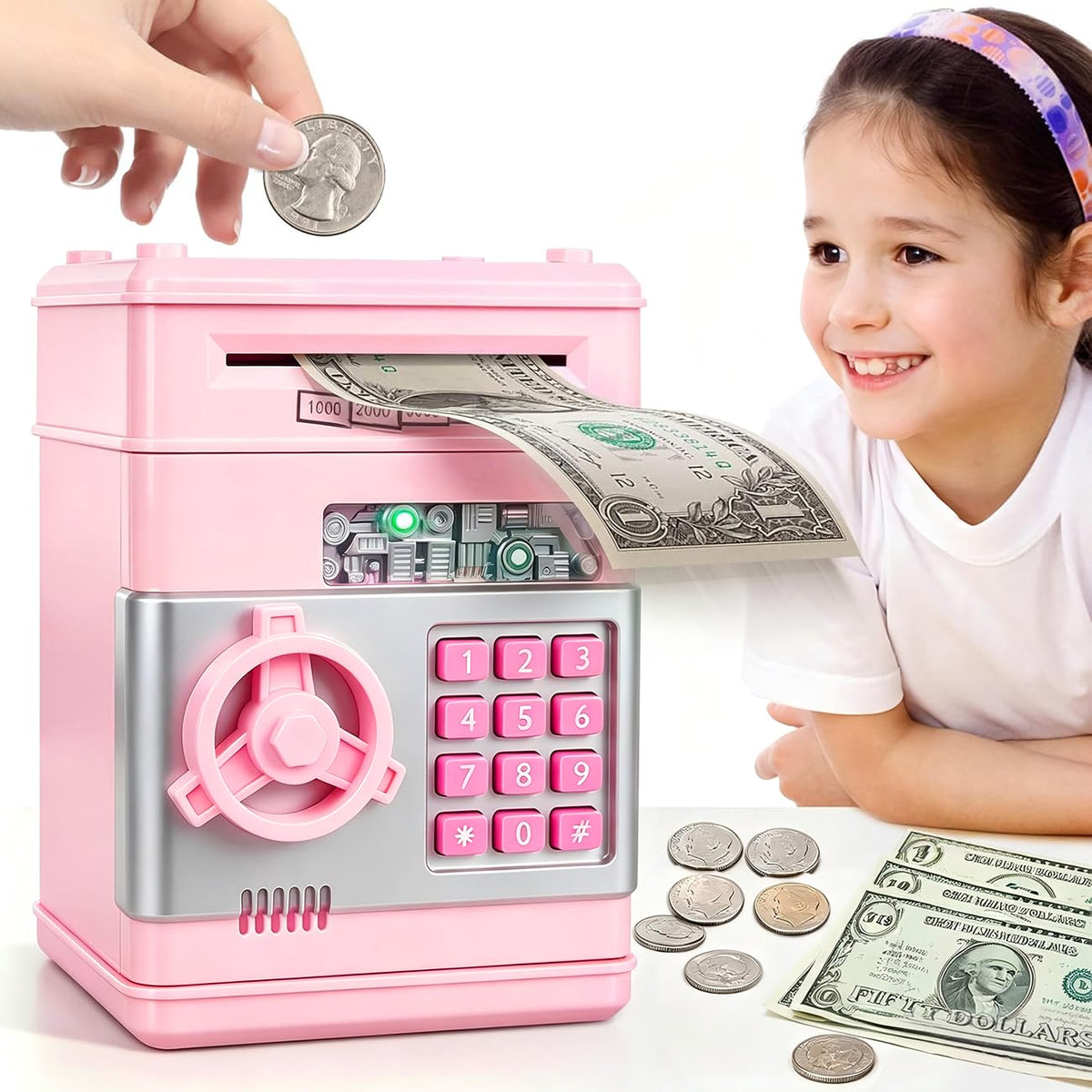 Kids Piggy Bank for Girls - Toys for 5 6 7 8 9 10 Year Old Girl Birthday Gifts - Electronic Piggy Bank ATM Machine Money Safe for Kids Toys Age 6-8-10