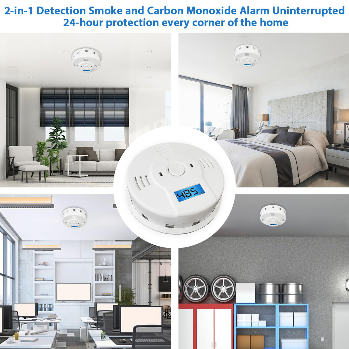 Shackcom Combination Smoke and Carbon Monoxide Detector, 5-Year Battery Smoke Alarm with LCD Display for Home, 2 Pack, White