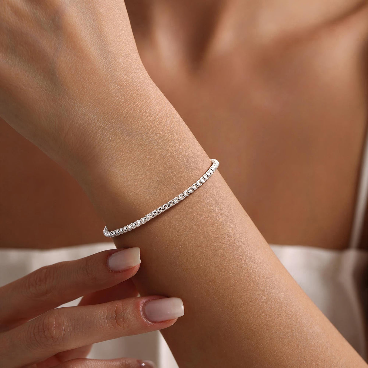 TOPCRED 925 Sterling Silver 3mm Box Chain Bracelet for Women 7 Inches