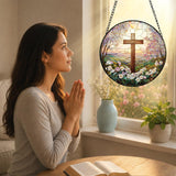 Cross and Wildflowers Stained Glass Sun Catcher,Christian Suncatchers Window Hanging Flower Cross Gift for Religious Home Decor, Easter Faith Christmas Christian Gifts for Mom 7.8 Inch