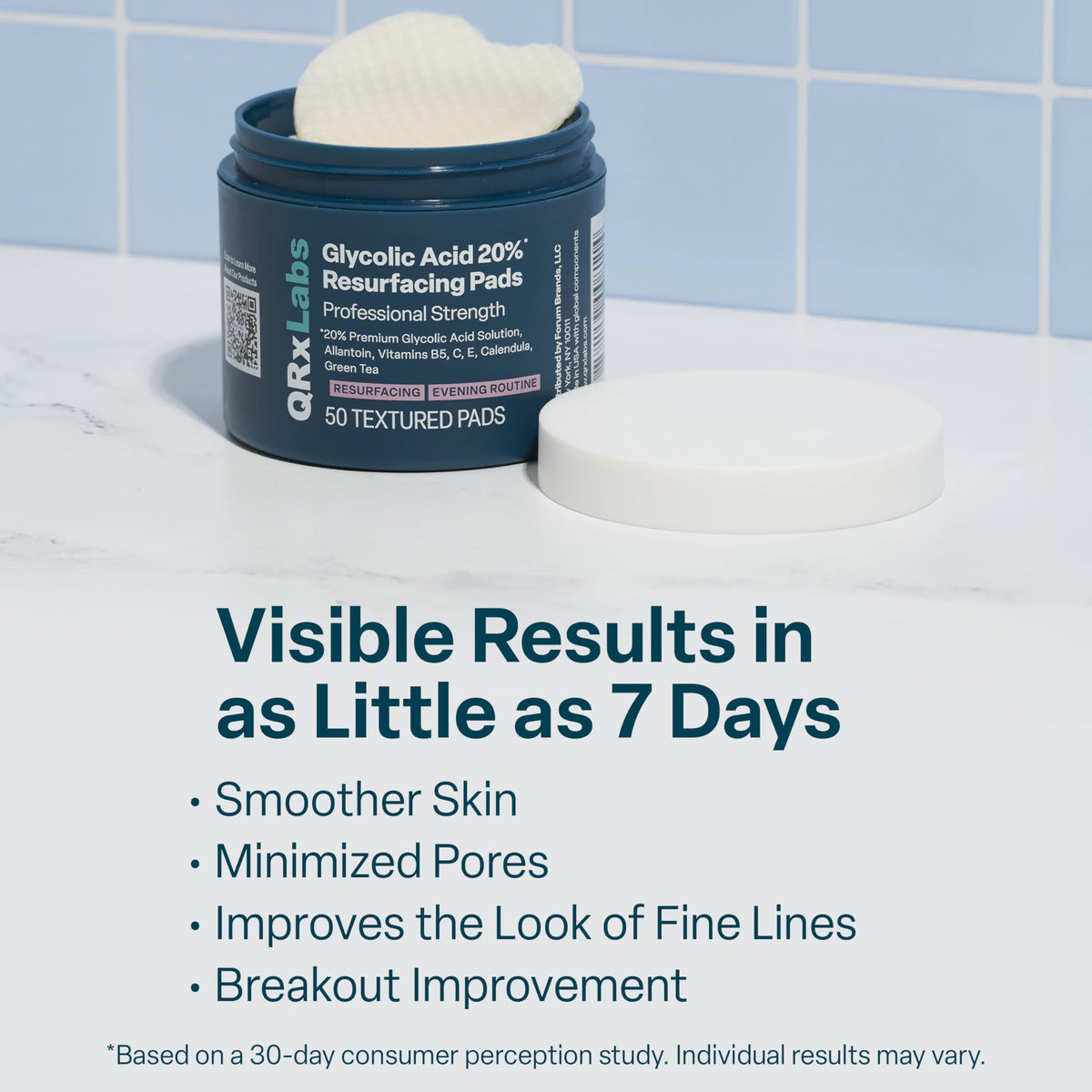 QRxLabs 20% Glycolic Acid Pads - Exfoliating Toner Pads, Face & Body - 50ct