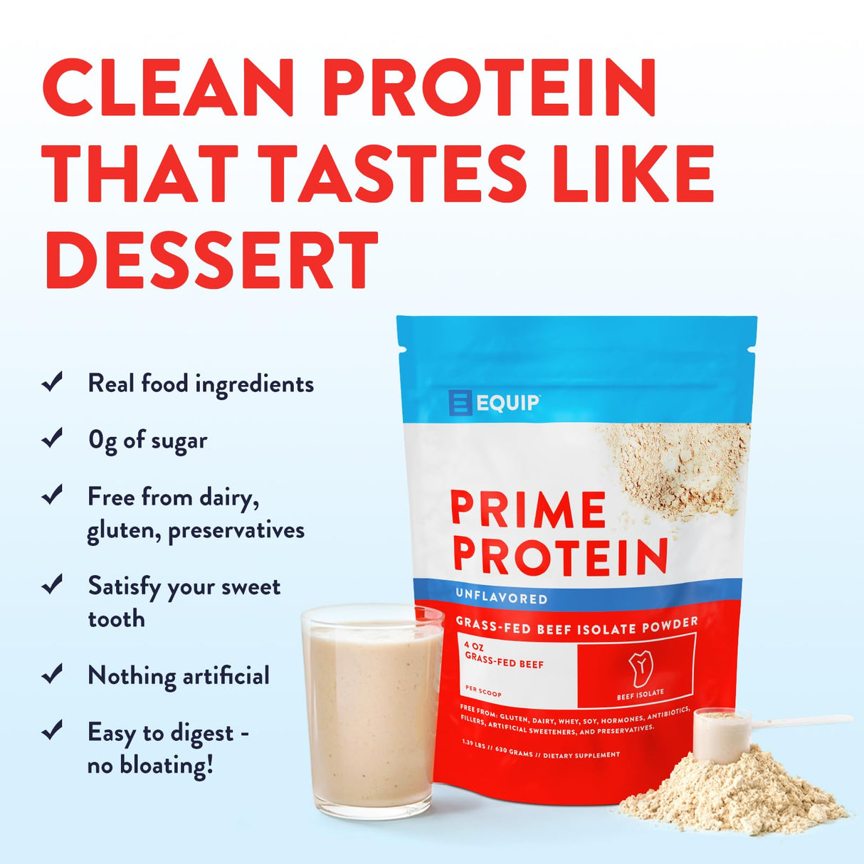 Equip Foods Prime Protein Powder | Clean, Grass Fed Beef Protein Isolate | Carnivore Protein Powder | Paleo, Keto Friendly | Gluten, Dairy Free | Helps Build & Repair Tissue | 30 Servings, Unflavored