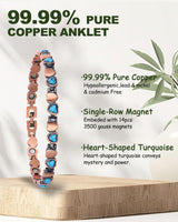 MagEnergy Copper Anklet for Women& Lymphatic Drainage Ring, Turquoise Magnetic Ankle Bracelet with 3500 Gauss Magnets, 99.99% Pure Copper Anklet, Adjustable, Jewelry Gift Box (Free Sizing Tool)