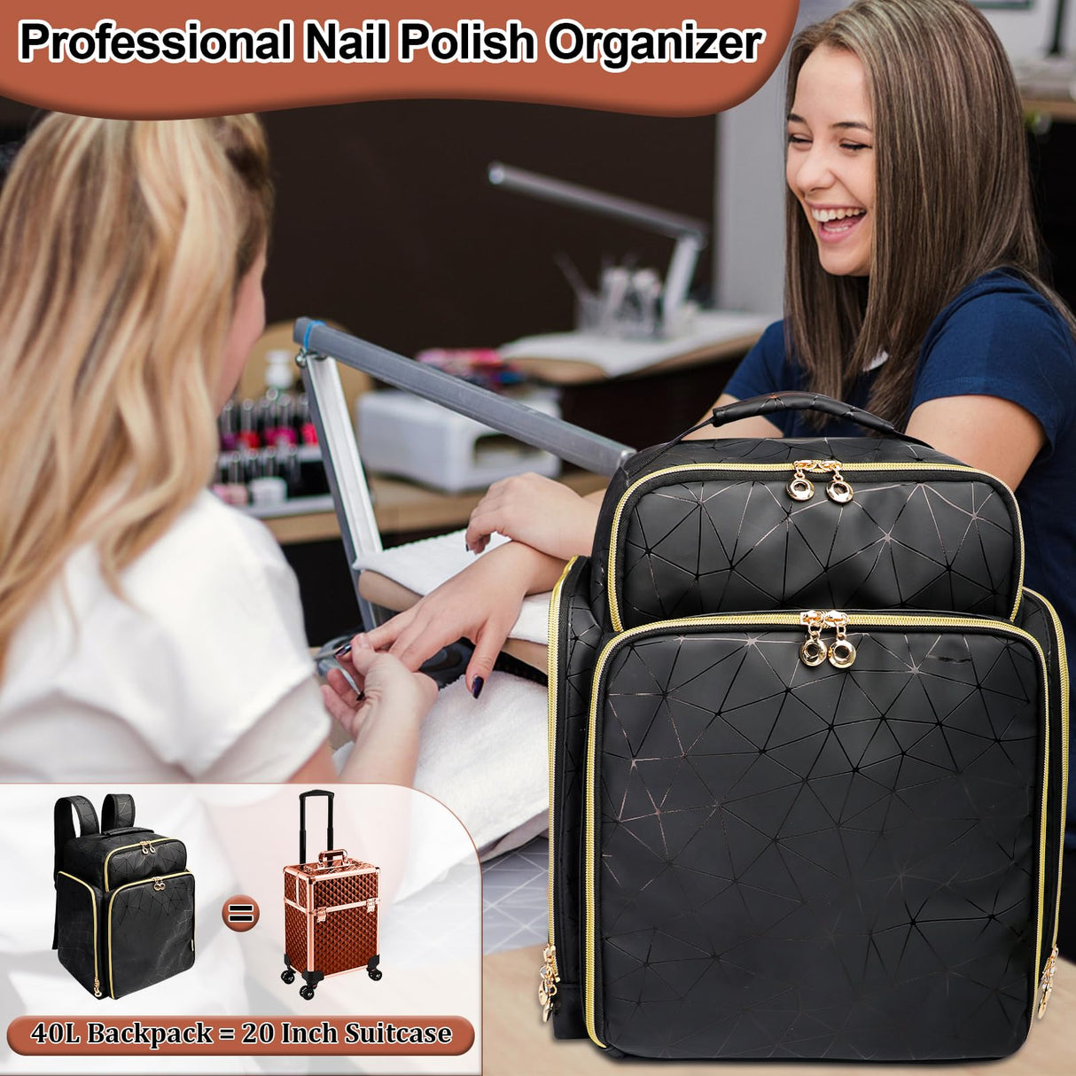 Ahzske Elegant Black Backpack Organizer, Holds 126 Nail Bottles, Extra Large Nail Kit Supplies Storage with 3 Removable Cases, PU Leather Organizer for Travel