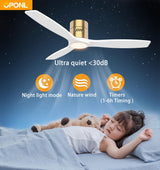 OPONL White Wood Ceiling Fan with Light 52inch, Low Profile, Remote Control, Noiseless, Reversible, 6CCT, Dimmable, 6 speeds, Timeable, Flush Mount Ceiling Fans with Lights for Living Room