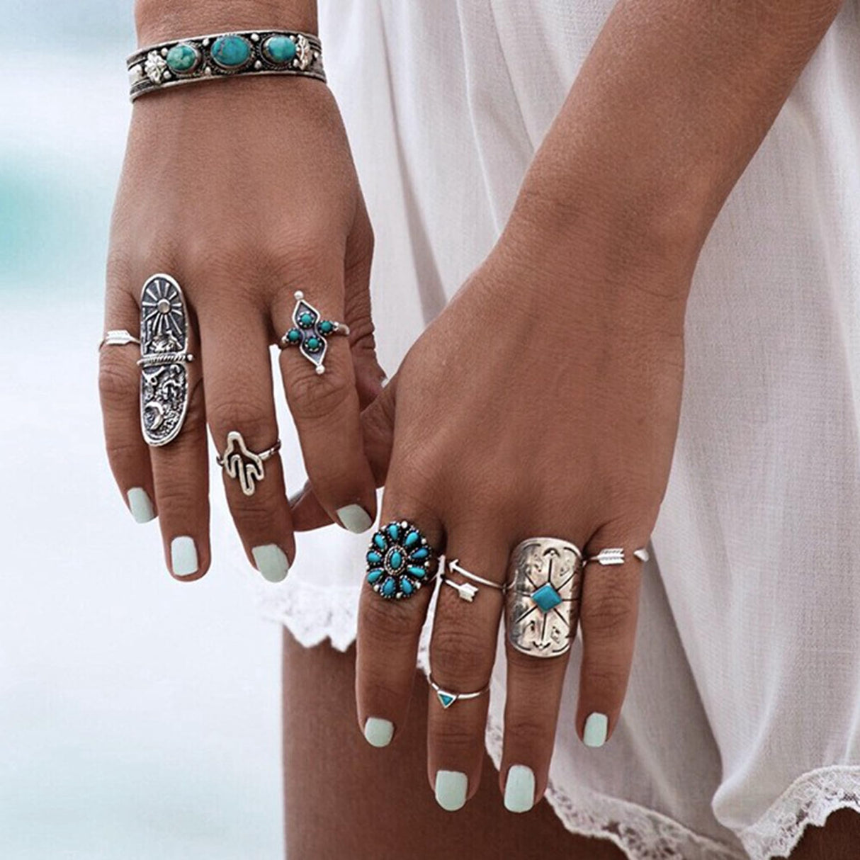 Fansilver Turquoise Jewelry for Women Bohemian Western Jewelry Set,20PCS