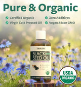 USDA Organic Black Cumin Seed Oil Liquid (8 fl oz) Premium Cold-Pressed Nigella Sativa Producing Pure - Antioxidant Supplement - Vegan, Gluten-Free, & Non-GMO (No Pills or Capsules)