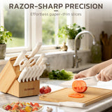 Astercook Knife Set, 15 Pieces Kitchen Knife Set with Sharpener Block, German Stainless Steel Knives with Anti-Rust Coating, Dishwasher Safe, Elegant Cream White Design, Perfect for Holiday Gifts