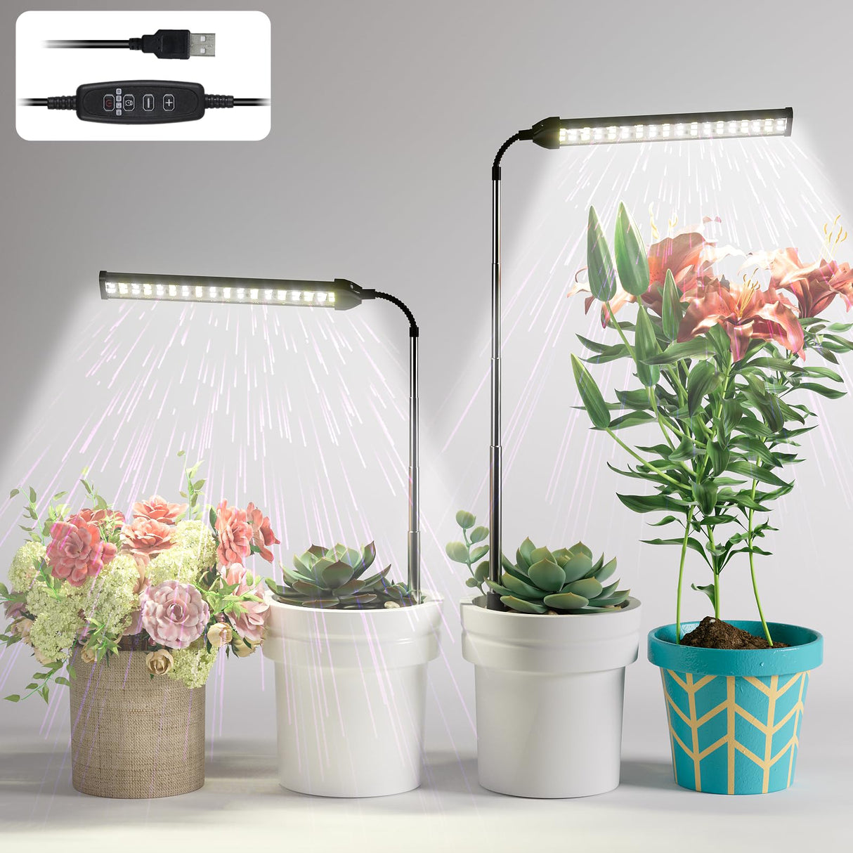 WeeLeeGoo LED Grow Light 2 Pack, 6000K White Full Spectrum 144 LED Gooseneck Growing Lamp for Indoor Plants Growth,4 8 12 18Hrs Timer & Brightness Changeable,Insert Pole Extendable 4-10''