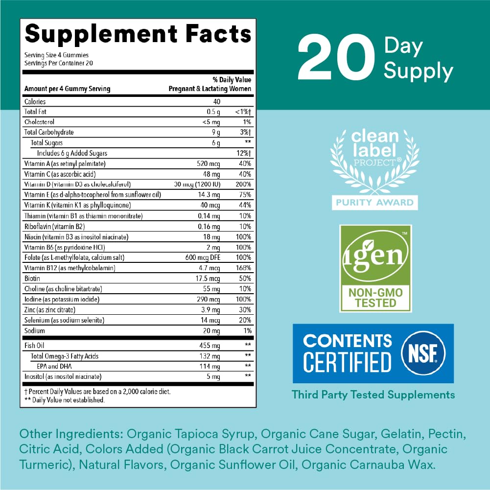 SmartyPants Prenatal Vitamins for Women, Multivitamin Gummies: Omega 3 Fish Oil (EPA/DHA), Biotin, Methylfolate, Vitamin D3, C, Vitamin B12, B6, A, K & Zinc, Inositol, 80 Count (20 Day Supply)