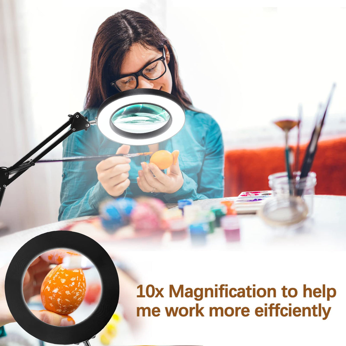 VUEJIC 10X Magnifying Glass with Light and Clamp, Magnifier with Light Hands Free3 Color Modes Stepless Dimmable, 72 LEDs Real Glass Lens Magnifying Lamp for Close Work, Repair, Reading, Craft