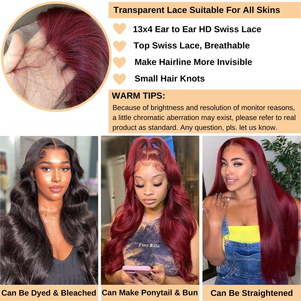 AOSUN 99j Burgundy Lace Front Wigs Human Hair Glueless Wine Red Colored Body Wave Wigs Pre Plucked with Baby Hair 180 Density 13x4 HD Transparent Frontal Wig for Women