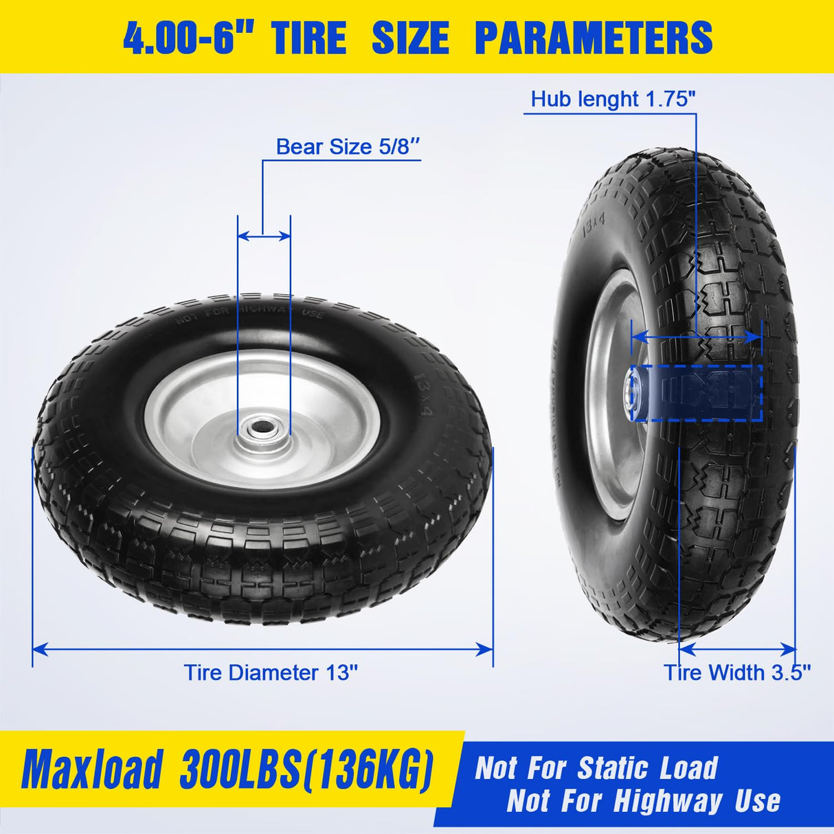 FEILOONG 13 Inch Wheelbarrow Tire Flat Free 4.00-6 Tires, Universal Fit