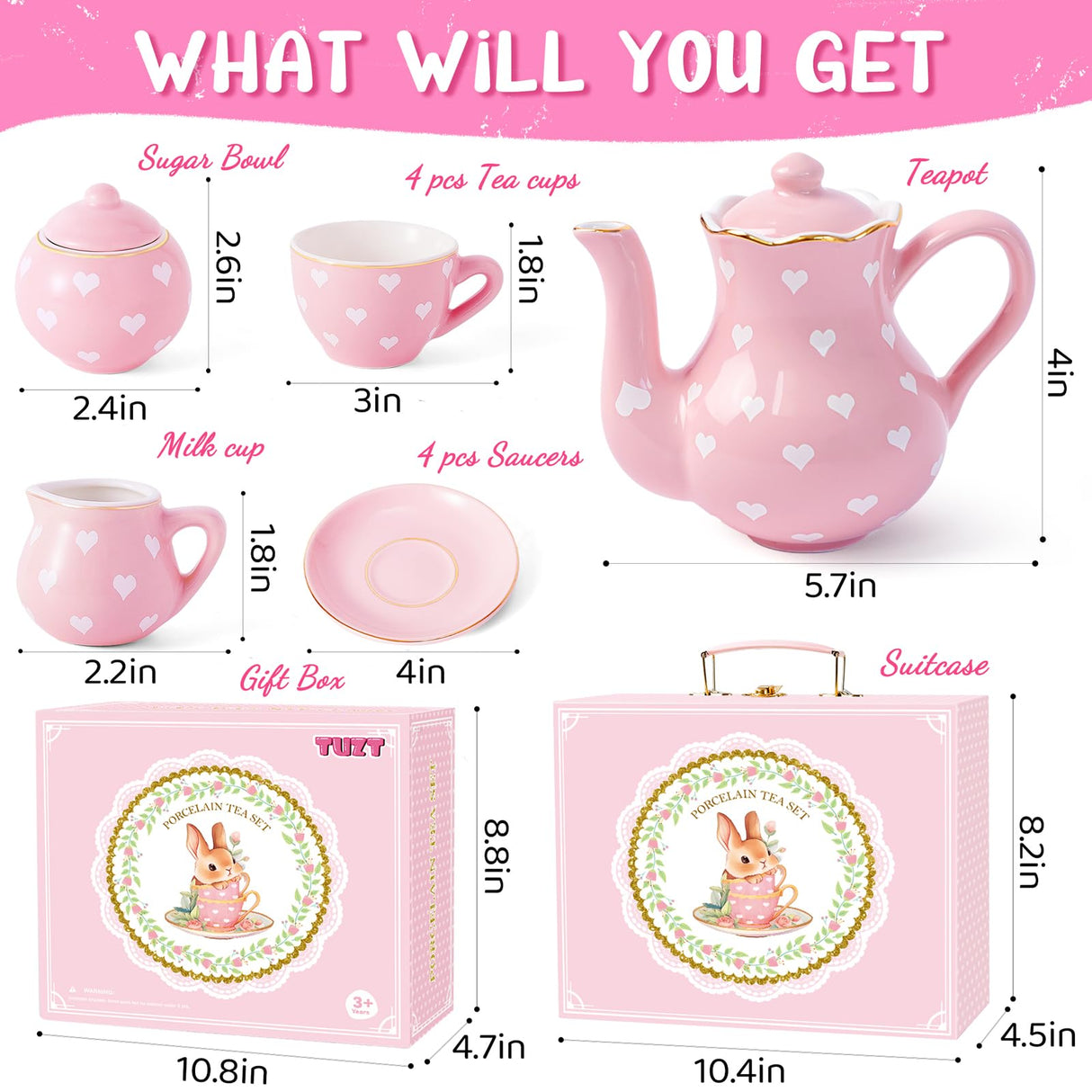 TUZT Porcelain Tea Party Set for Little Girls, Kids, Toddlers - 13Pcs Pink Heart Ceramic Set with Pot, Cups, Saucers & Carrying Case - Pretend Play Kitchen Toys - Christmas Birthday Gift for Girls