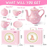 TUZT Porcelain Tea Party Set for Little Girls, Kids, Toddlers - 13Pcs Pink Heart Ceramic Set with Pot, Cups, Saucers & Carrying Case - Pretend Play Kitchen Toys - Christmas Birthday Gift for Girls
