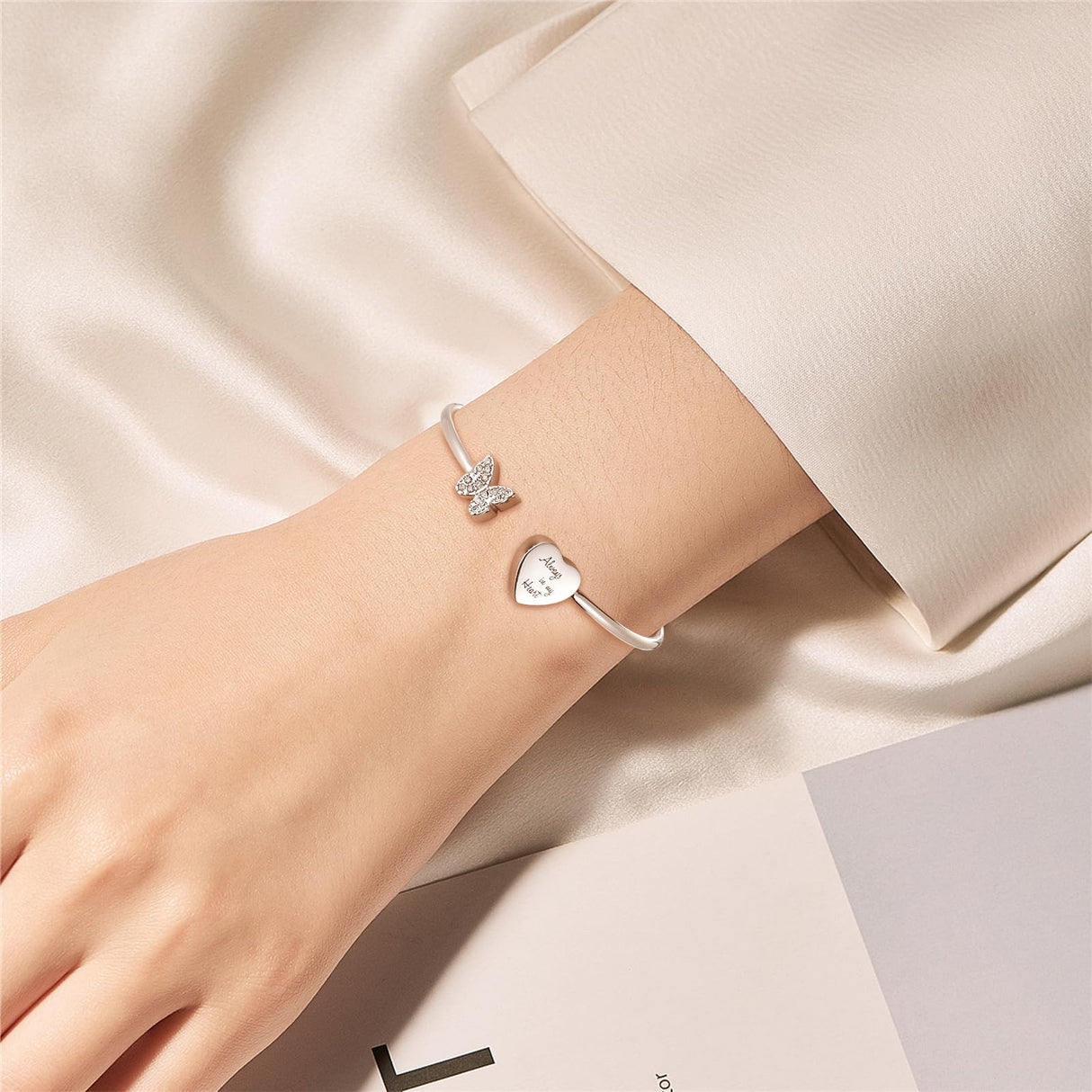 XIUDA Urn Bracelet for Human Ashes Butterfly Heart Ash Bracelet for Women Stainless Steel Openable Cuff Bangle Cremation Bracelet - Always in My Heart