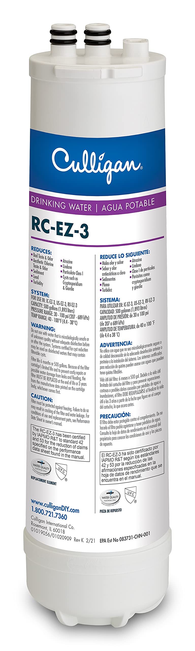Culligan RC-EZ-3 Easy Change Advanced Water Filtration Replacement Cartridge, 500 Gallons, (Pack of 1)