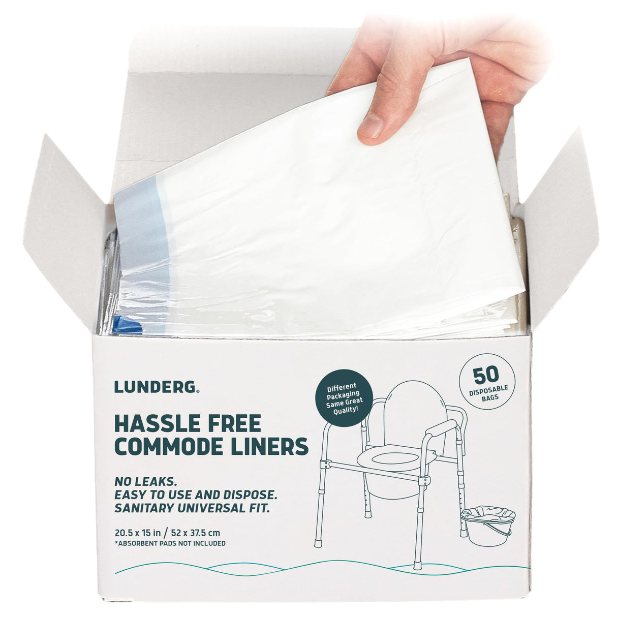 Lunderg Commode Liners - Value Pack 50 Count Universal Fit - Medical Grade Bedside Commode Liners Disposable for Adult Commode Chair, Portable Toilet Bags or Camping Toilet Bags